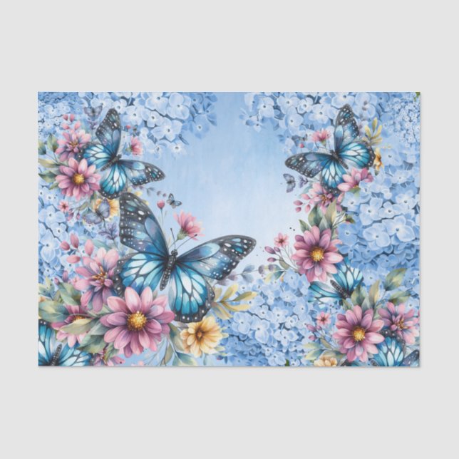 Watercolor Blue Hydrangea & Butterflies Tissue Paper (Front)