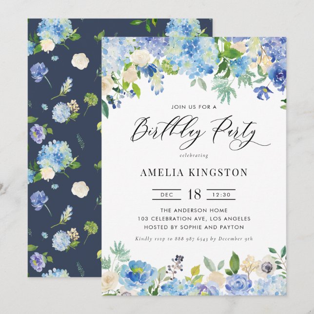 Watercolor Blue Hydrangea Floral Birthday Party Invitation (Front/Back)