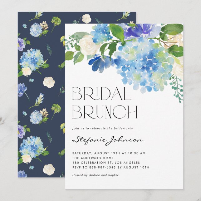 Watercolor Blue Hydrangea Floral Bridal Brunch Invitation (Front/Back)