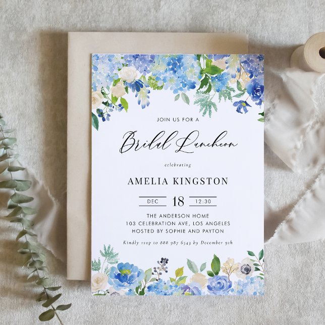 Watercolor Blue Hydrangea Floral Bridal Luncheon Invitation (Creator Uploaded)