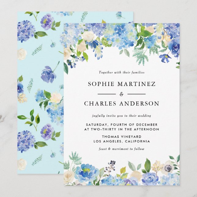 Watercolor Blue Hydrangea Floral Garland Wedding Invitation (Front/Back)
