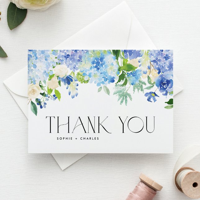 Watercolor Blue Hydrangea Floral Garland Wedding Thank You Card (Creator Uploaded)