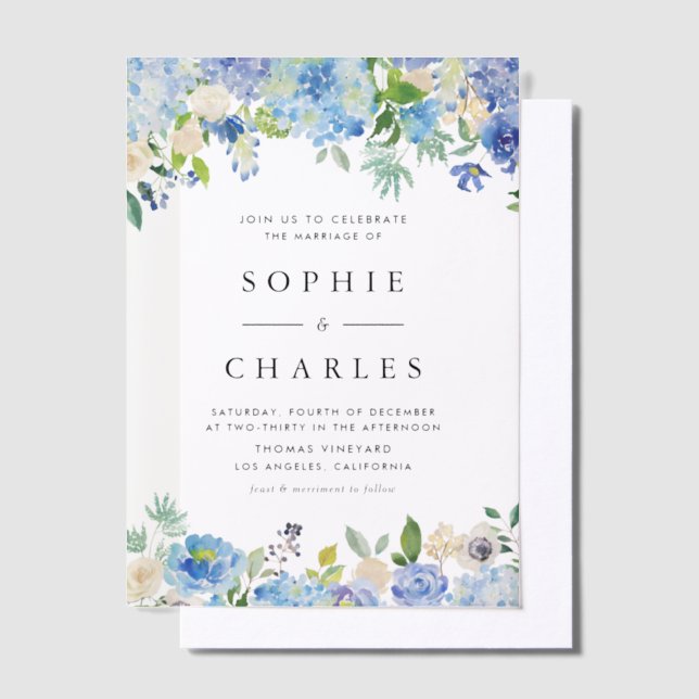 Watercolor Blue Hydrangea Floral Garland Wedding Vellum Invitations (Offset)