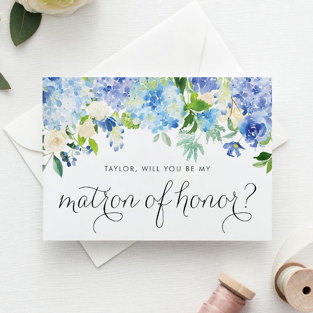 Watercolor Blue Hydrangea Floral Matron of Honour Card (Blue hydrangea and white rose matron of honor card with greenery for floral-themed weddings.)