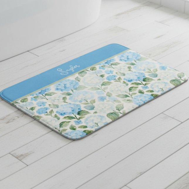 Watercolor Blue Hydrangea Floral Name Bath Mat (Creator Uploaded)