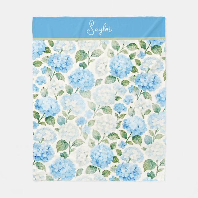 Watercolor Blue Hydrangea Floral Name Fleece Blanket (Front)