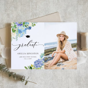 Watercolor Blue Hydrangea Floral Photo Graduation Announcement