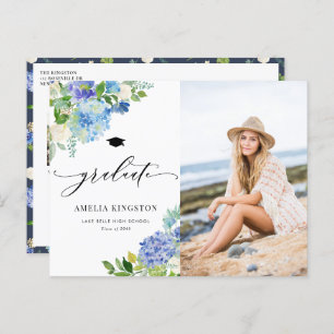 Watercolor Blue Hydrangea Floral Photo Graduation Announcement Postcard
