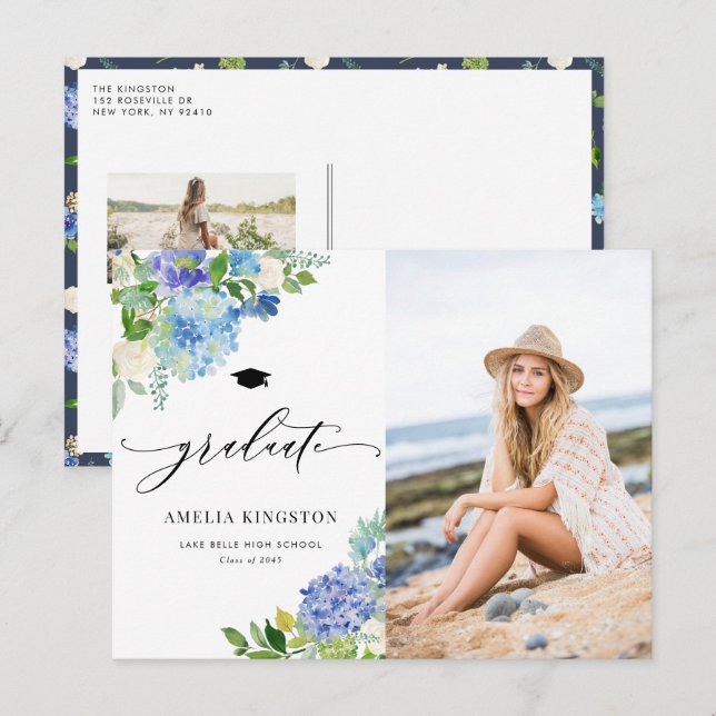 Watercolor Blue Hydrangea Floral Photo Graduation Announcement Postcard (Front/Back)