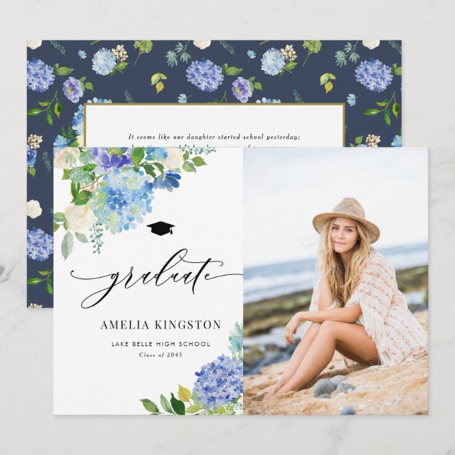 Watercolor Blue Hydrangea Floral Photo Graduation Invitation (Front/Back)