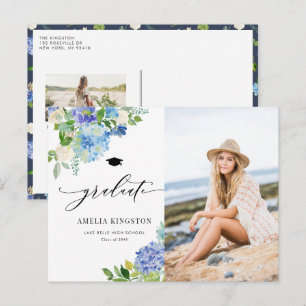 Watercolor Blue Hydrangea Floral Photo Graduation Invitation Postcard