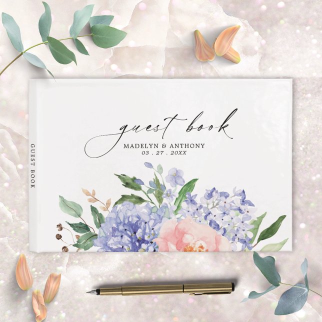 Watercolor Blue Hydrangea Floral Wedding Guestbook (Close up photo)