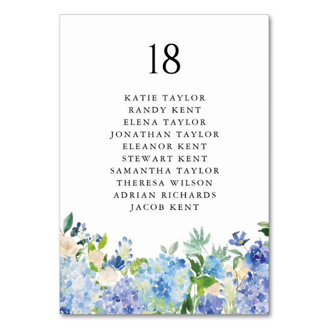 Watercolor Blue Hydrangea Floral Wedding Seating Table Number (Front)