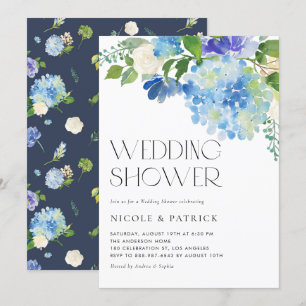 Watercolor Blue Hydrangea Floral Wedding Shower Invitation