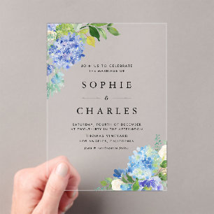 Watercolor Blue Hydrangea Flowers Bouquet Wedding Acrylic Invitations