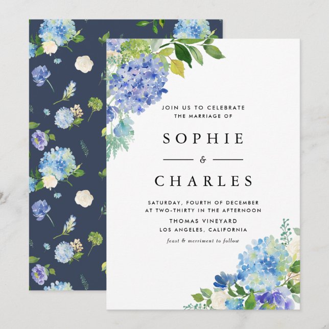 Watercolor Blue Hydrangea Flowers Bouquet Wedding Invitation (Front/Back)