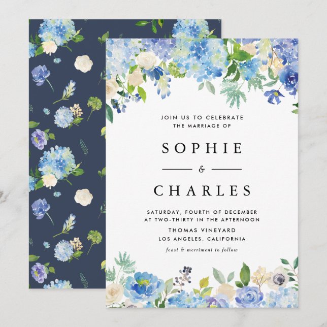 Watercolor Blue Hydrangea Flowers Wedding Invitation (Front/Back)