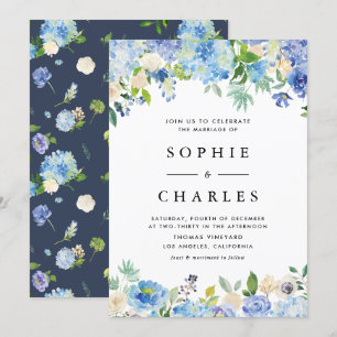 Watercolor Blue Hydrangea Flowers Wedding Invitation