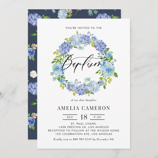 Watercolor Blue Hydrangea Flowers Wreath Baptism Invitation (Front/Back)