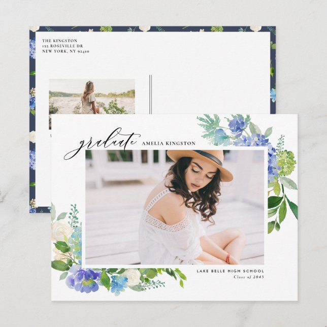 Watercolor Blue Hydrangea Frame Photo Graduation Announcement Postcard (Front/Back)