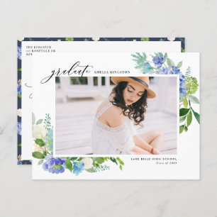 Watercolor Blue Hydrangea Frame Photo Graduation Announcement Postcard