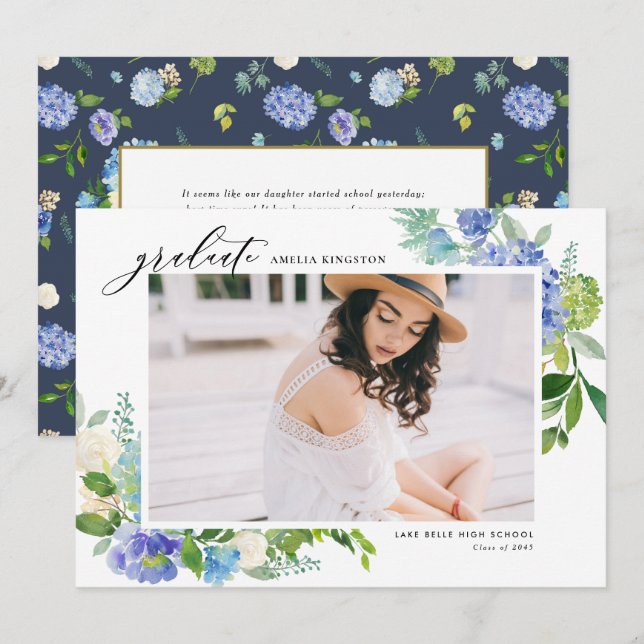 Watercolor Blue Hydrangea Frame Photo Graduation Invitation (Front/Back)