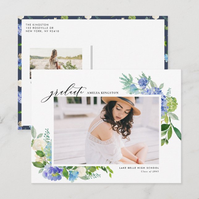 Watercolor Blue Hydrangea Frame Photo Graduation Invitation Postcard (Front/Back)