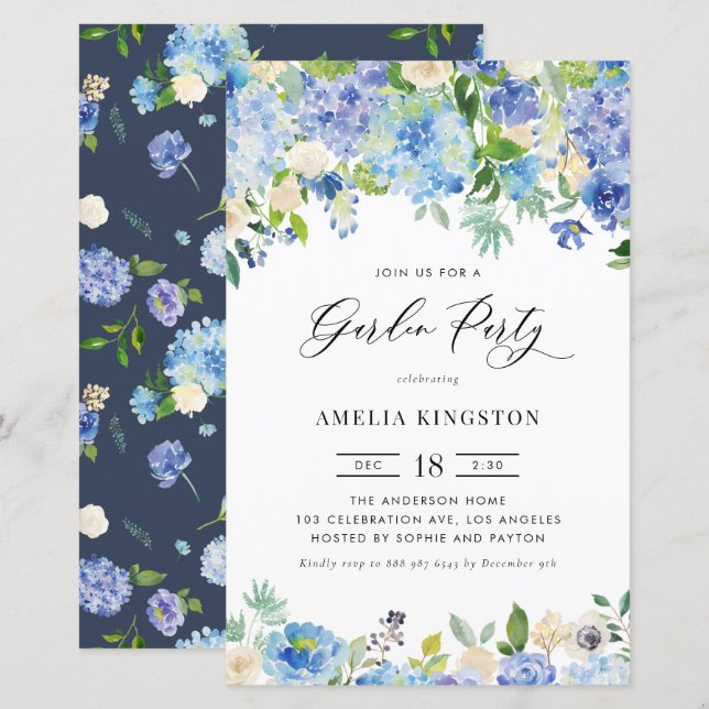 Watercolor Blue Hydrangea Garden Party Invitation (Front/Back)