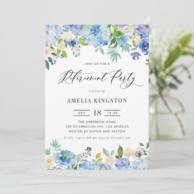 Watercolor Blue Hydrangea Garland Retirement Party Invitation (Standing Front)