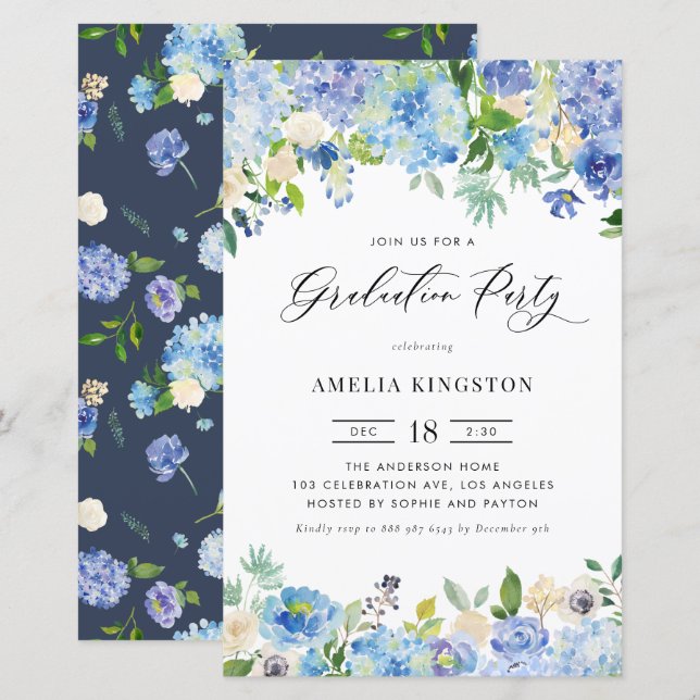 Watercolor Blue Hydrangea Graduation Party Invite (Front/Back)