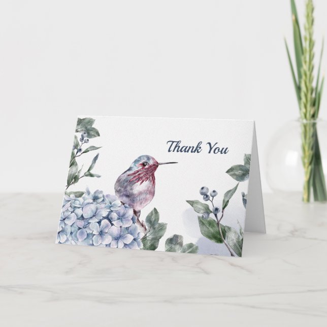 Watercolor Blue Hydrangea Hummingbird Thank You Card (Front)