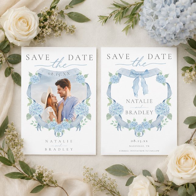 Watercolor Blue Hydrangea Photo Save the Date Invitation (Watercolor Blue Hydrangea Photo Save the Date Invitation)