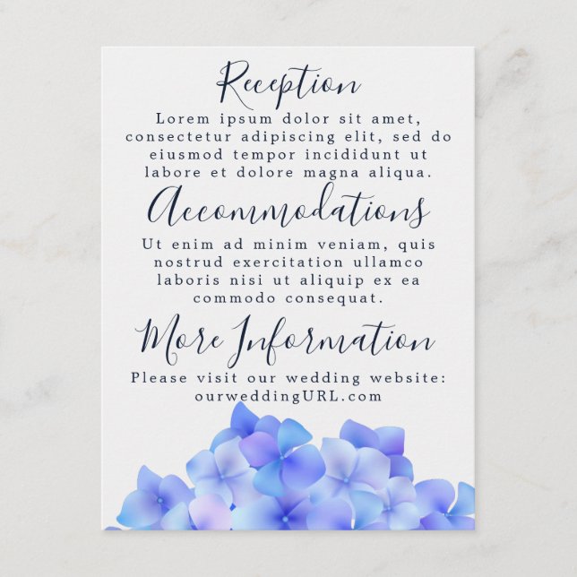 Watercolor Blue Hydrangea Reception Cards (Front)