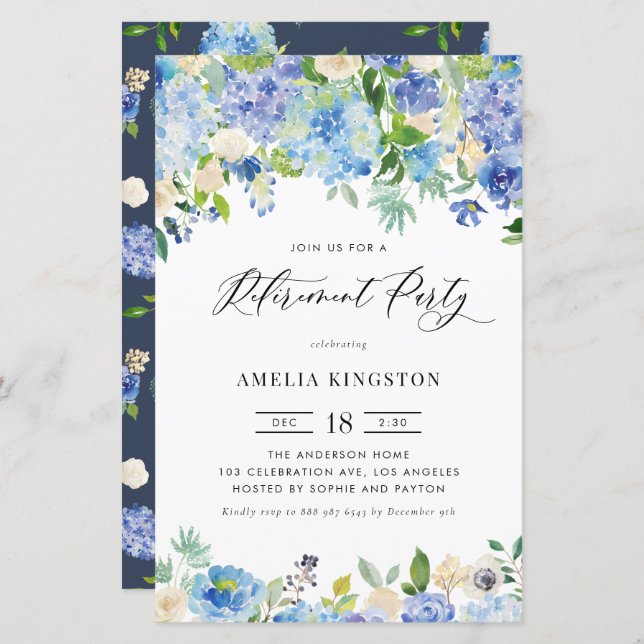 Watercolor Blue Hydrangea Retirement Invitation (Front/Back)