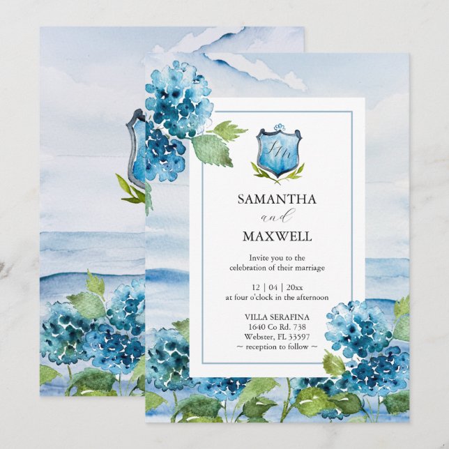 Watercolor Blue Hydrangea Wedding Invitation (Front/Back)