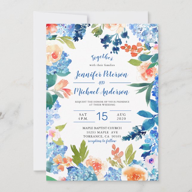 Watercolor Blue Hydrangea Wedding Invitation (Front)