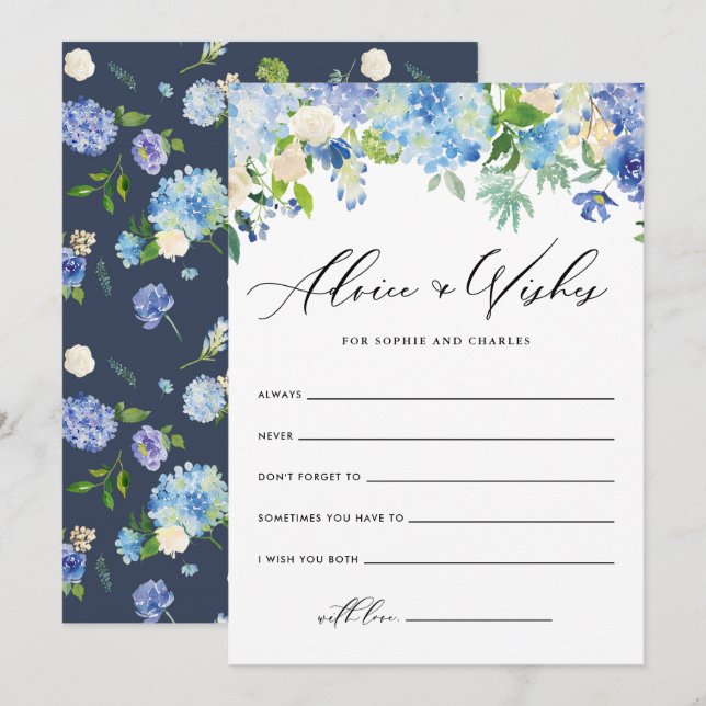 Watercolor Blue Hydrangea Wedding Well Wishes Advice Card (Front/Back)