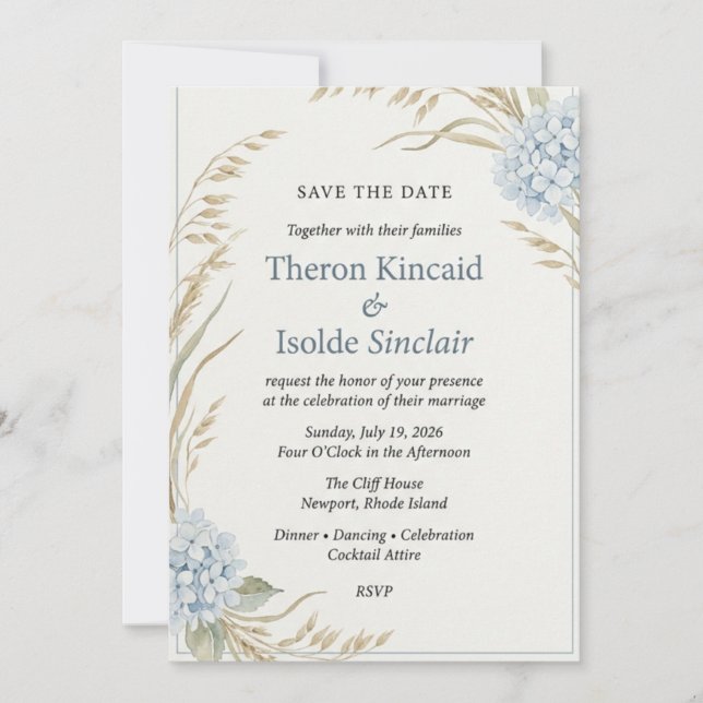 Watercolor Blue Hydrangea & Wheat Save  Invitation (Front)