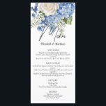 Watercolor Blue Hydrangea White Roses Wedding Menu<br><div class="desc">Elegant floral wedding design with watercolor-painted floral arrangements of blue hydrangea flowers,  greenery,  and white roses.</div>