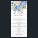 Watercolor Blue Hydrangea White Roses Wedding Menu<br><div class="desc">Elegant floral wedding design with watercolor-painted floral arrangements of blue hydrangea flowers,  greenery,  and white roses.</div>