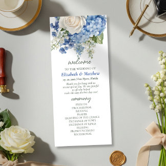 Watercolor Blue Hydrangea White Roses Wedding Programme