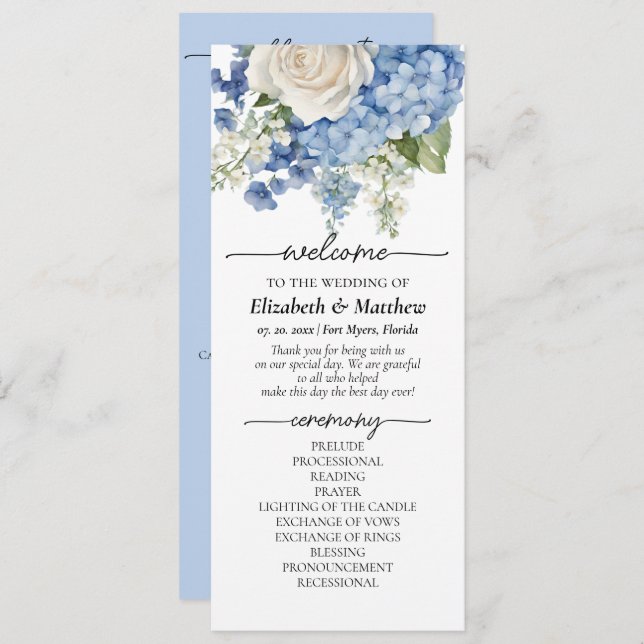 Watercolor Blue Hydrangea White Roses Wedding Programme (Front/Back)