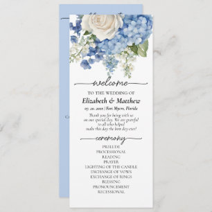 Watercolor Blue Hydrangea White Roses Wedding Programme
