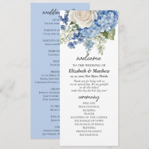 Watercolor Blue Hydrangea White Roses Wedding Programme
