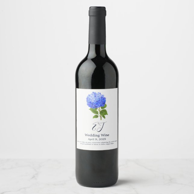 Watercolor Blue Hydrangea Wine Label (Front)