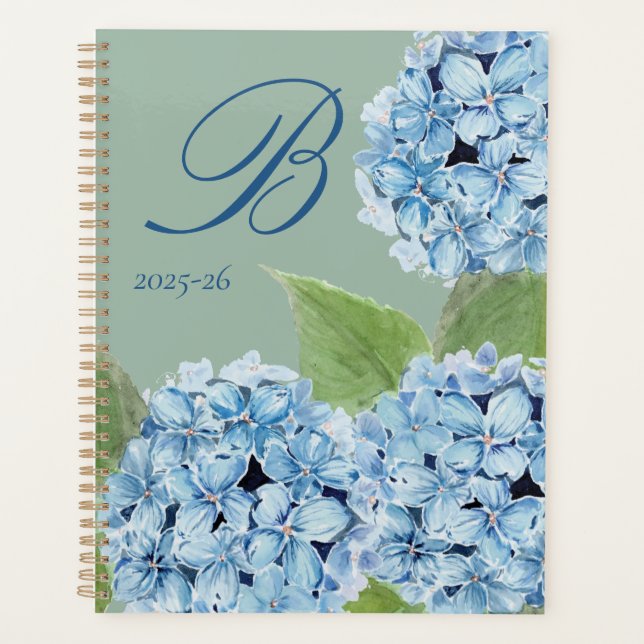 Watercolor Blue Hydrangea with Initial  Planner (Front)