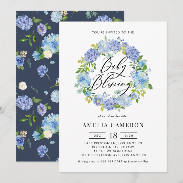 Watercolor Blue Hydrangea Wreath Baby Blessing Invitation (Front/Back)