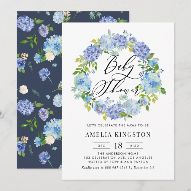 Watercolor Blue Hydrangea Wreath Baby Shower Invitation (Front/Back)