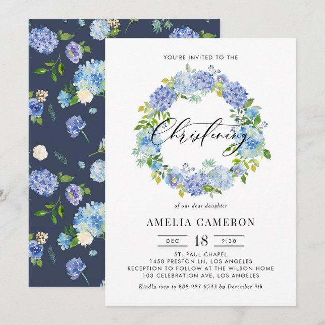 Watercolor Blue Hydrangea Wreath Christening Invitation (Front/Back)