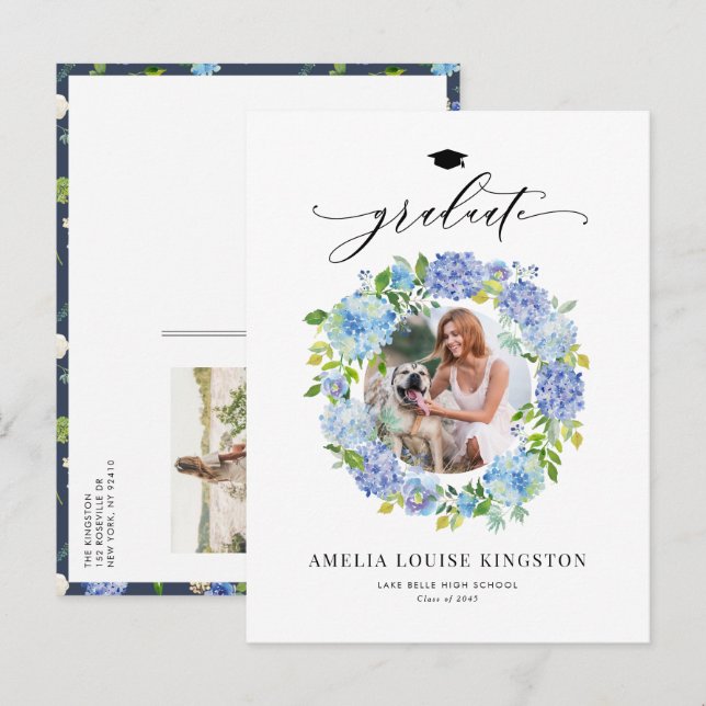 Watercolor Blue Hydrangea Wreath Photo Graduation Announcement Postcard (Front/Back)